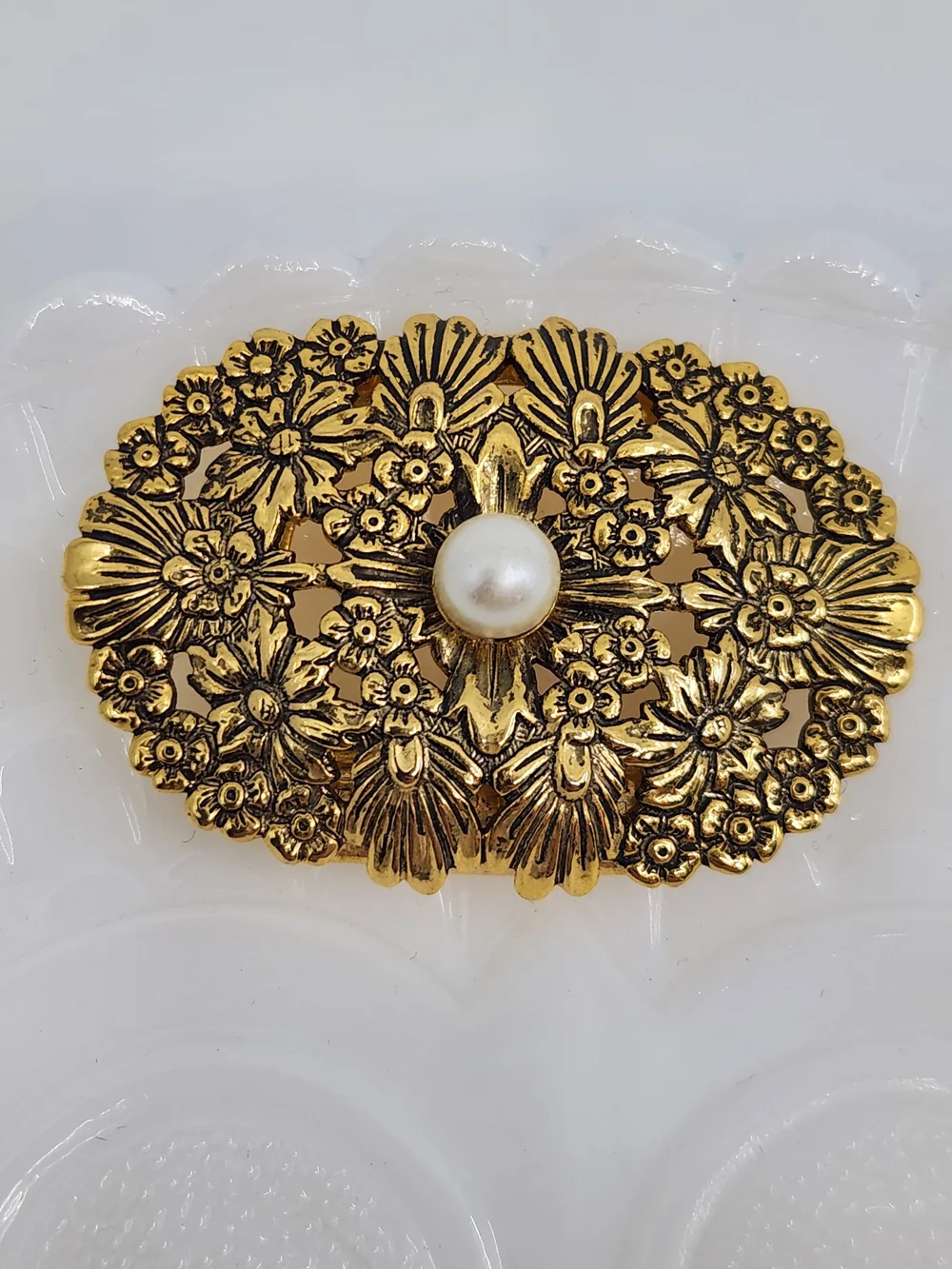 Scarf Clip - Gold-Tone Floral Filigree with Faux Pearl Accent
